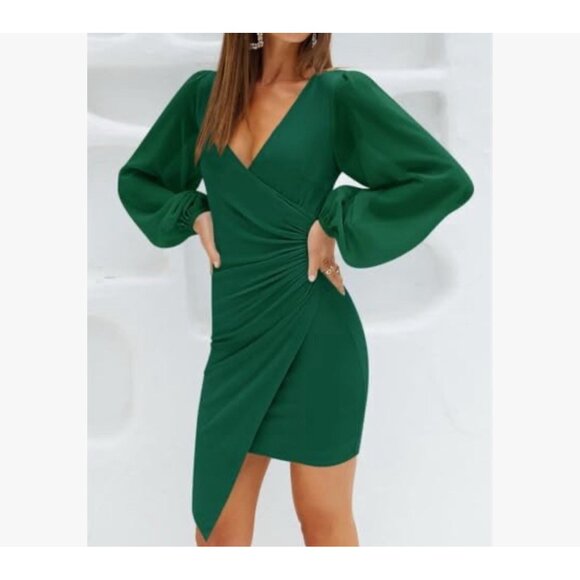 Dark Green Women’s Wrap V Neck Bodycon Mini Puff Long Sleeve Dress Ruched SZ L - Picture 2 of 7
